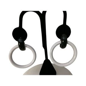 Black and White Metal Hoop Earrings Mod Retro Post and Clutch